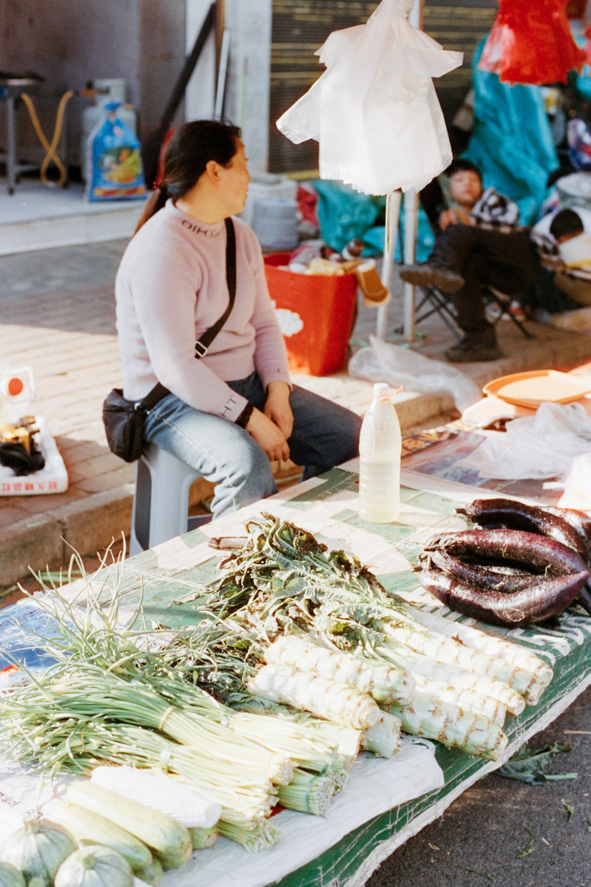 Woman sitting at a market stall selling vegetables