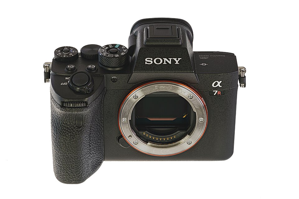 Sony Alpha 7R IV elevated front view of camera body with exposed sensor