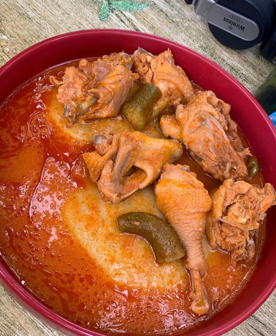 Fufu and light soup in ceramic bowl