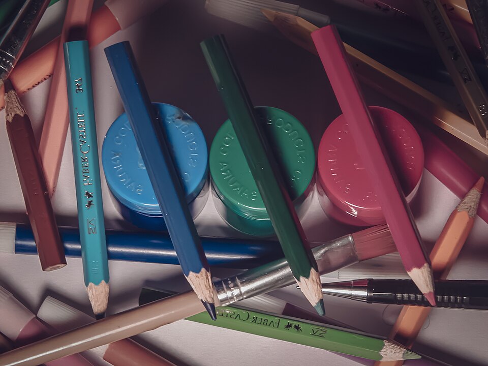 Colored pencils - painting brushes - watercolors - mechanical pencils - colored markers