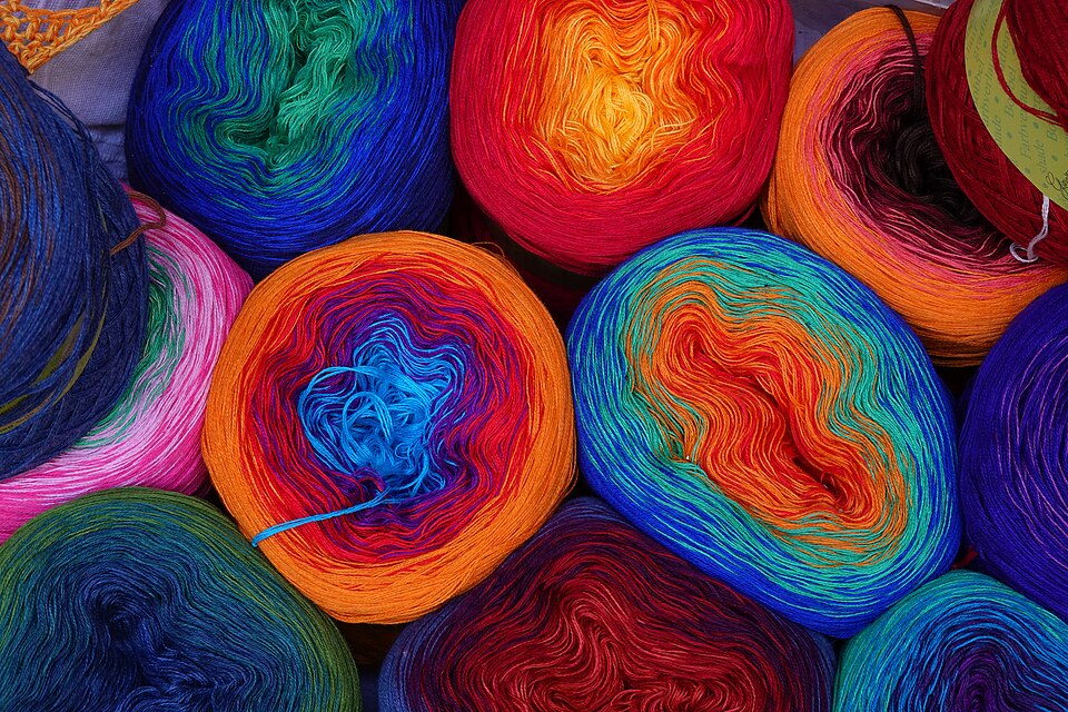Rainbow yarn for knitting, display in front of a needlework shop in Graz, Austria, GW23-100