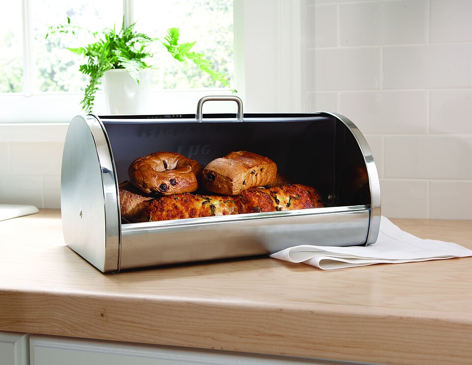 Steel bread basket on kitchen counter (16993240195)
