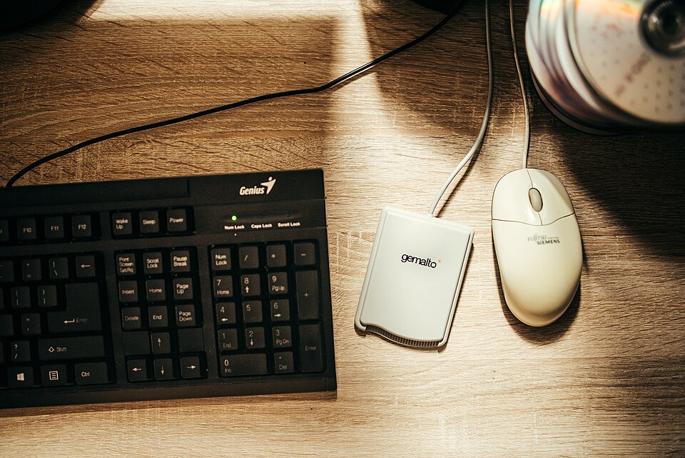 A computer keyboard and mouse are positioned on a wooden des