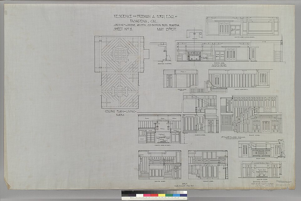 Ceiling plan of living room, (elevations of) living room, hall(s), den, dining room, residence for Freeman A. Ford (GGUSC-FordF-107)