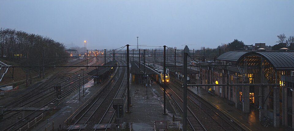 Ottignies train station on a frosty day, looking down at the platforms from the South side