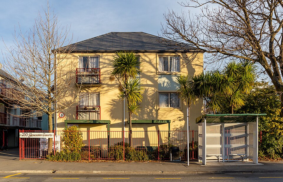 250 Gloucester Courts and a bus stop, Christchurch, New Zealand