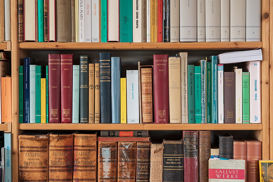 Part of a bookshelf containing books by ancient philosophers (1.1)